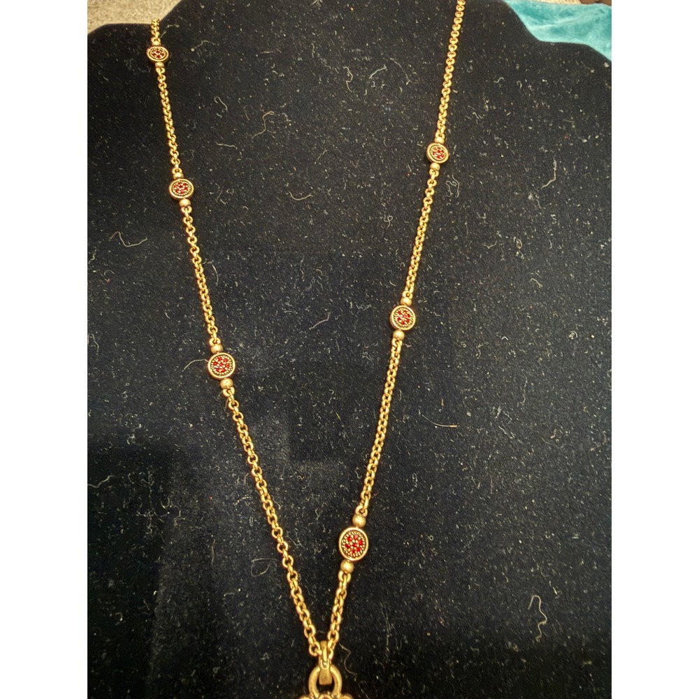 Gold Tone Station Necklace with Round Pink Bezel Set‎ Crystals Long Chain 34"